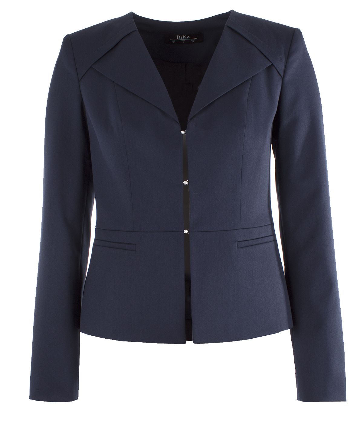 Fitted jacket without lapels with three pearl-type buttons fastening 0